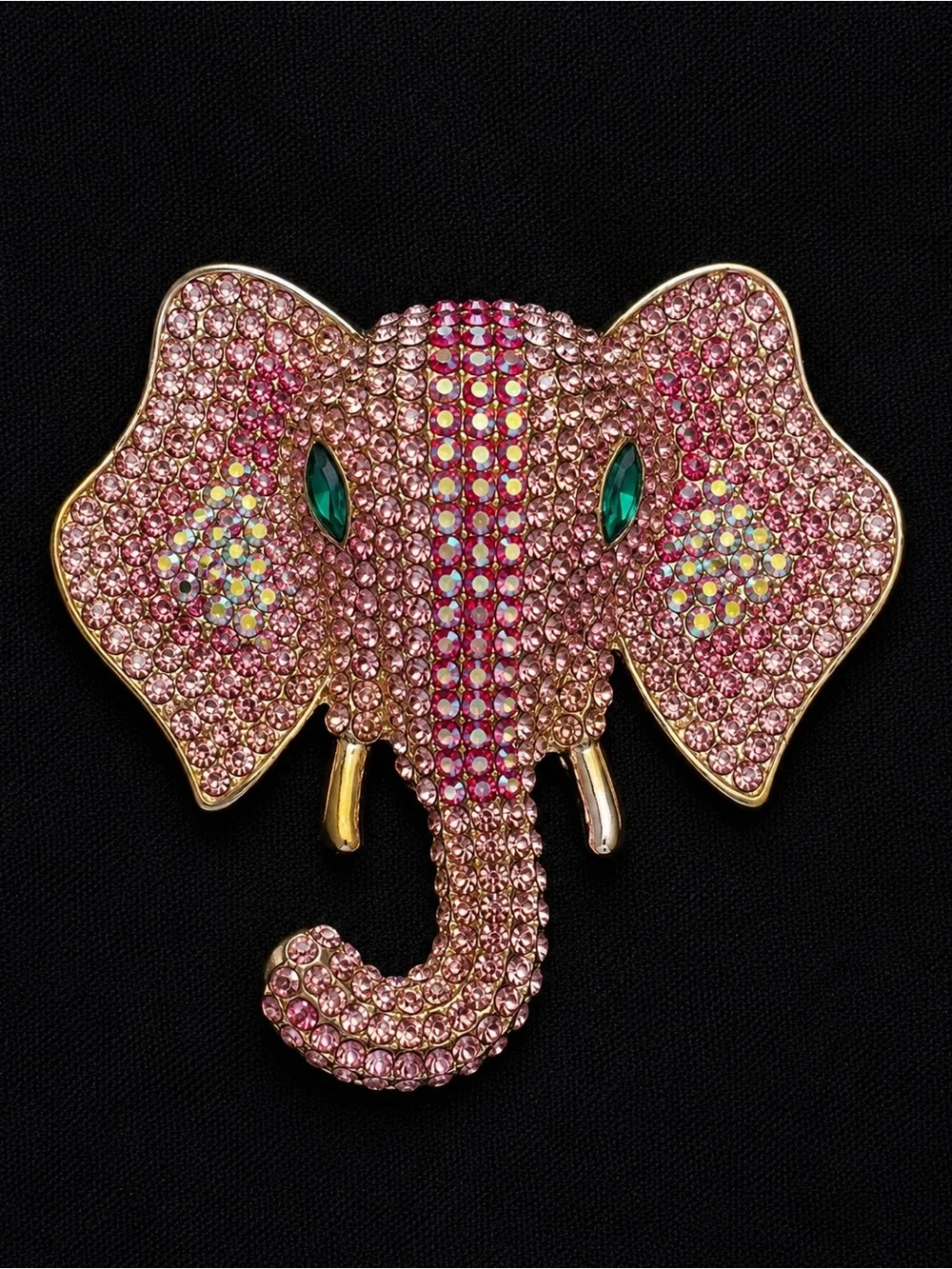 Pink Crystal Elephant Brooch with Green Eye Accents